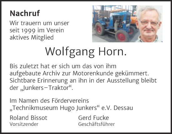 Traueranzeige von Wolfgang Horn von Mitteldeutsche Zeitung Dessau-Roßlau