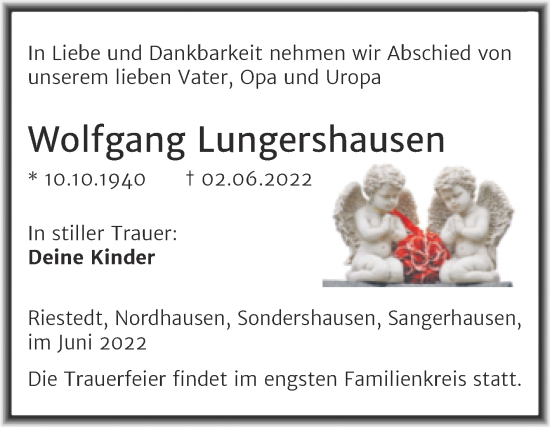 Traueranzeige von Wolfgang Lungershausen von Trauerkombi Sangerhausen