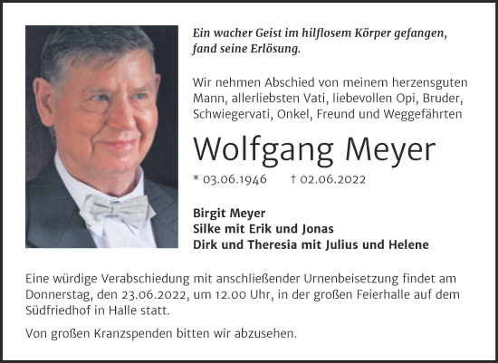 Traueranzeige von Wolfgang Meyer von Mitteldeutsche Zeitung Halle/Saalkreis
