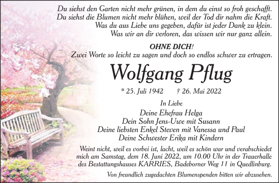 Traueranzeige von Wolfgang Pflug von Trauerkombi Quedlinburg