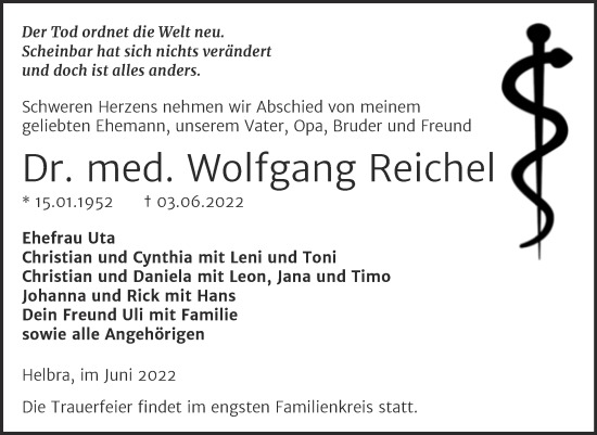 Traueranzeige von Wolfgang Reichel von Mitteldeutsche Zeitung Mansfelder Land