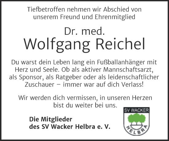 Traueranzeige von Wolfgang Reichel von Mitteldeutsche Zeitung Mansfelder Land