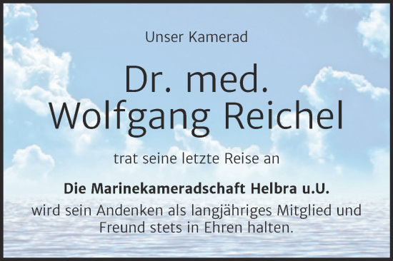 Traueranzeige von Wolfgang Reichel von Trauerkombi Mansfelder Land
