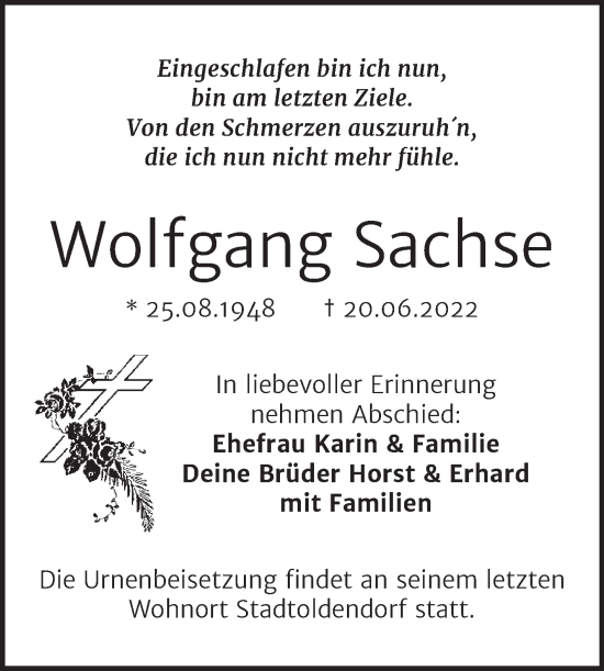 Traueranzeige von Wolfgang Sachse von Trauerkombi Merseburg