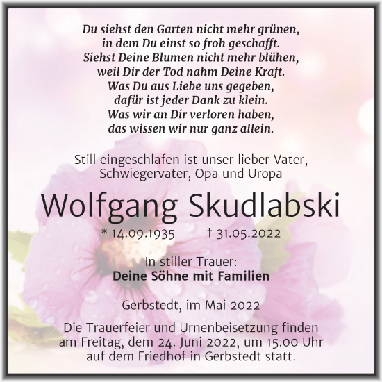 Traueranzeige von Wolfgang Skudlabski von Trauerkombi Mansfelder Land