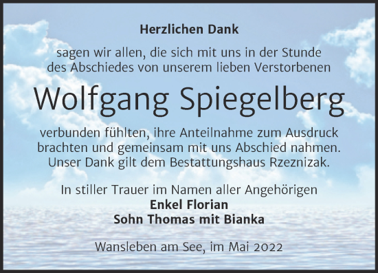 Traueranzeige von Wolfgang Spiegelberg von Trauerkombi Mansfelder Land