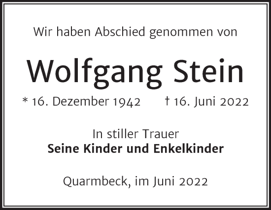 Traueranzeige von Wolfgang Stein von Trauerkombi Quedlinburg