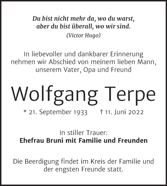 Traueranzeige von Wolfgang Terpe von Mitteldeutsche Zeitung Halle/Saalkreis