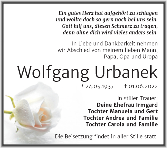 Traueranzeige von Wolfgang Urbanek von Trauerkombi Bitterfeld