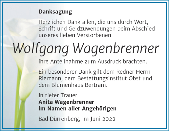 Traueranzeige von Wolfgang Wagenbrenner von Trauerkombi Merseburg