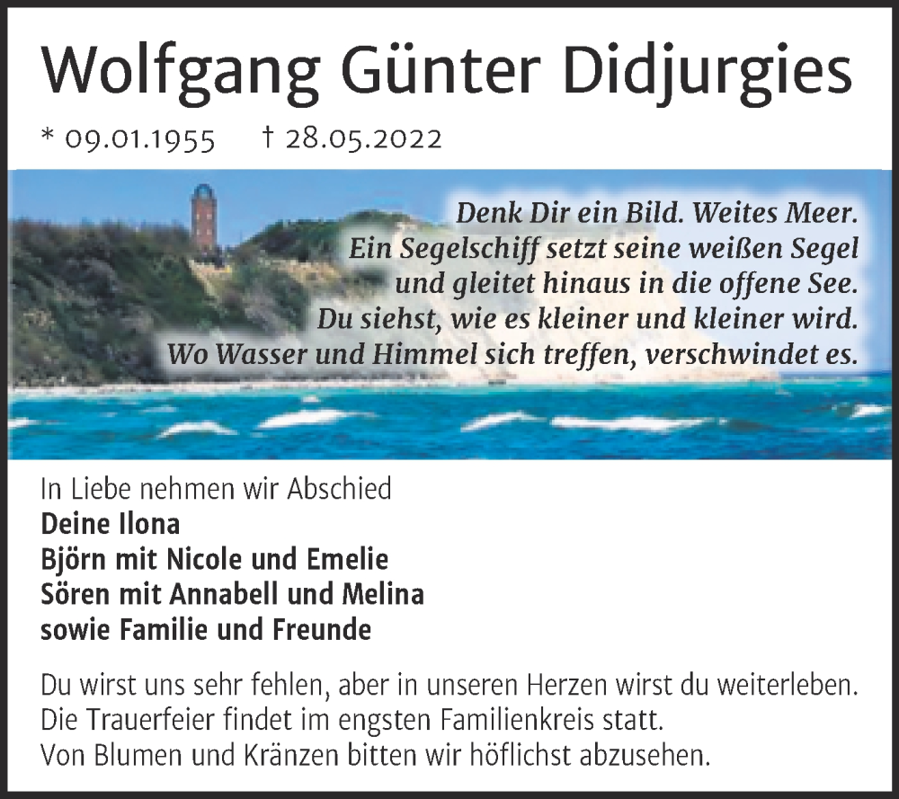  Traueranzeige für Wolfgang Günter Didjurgies vom 11.06.2022 aus Trauerkombi Dessau