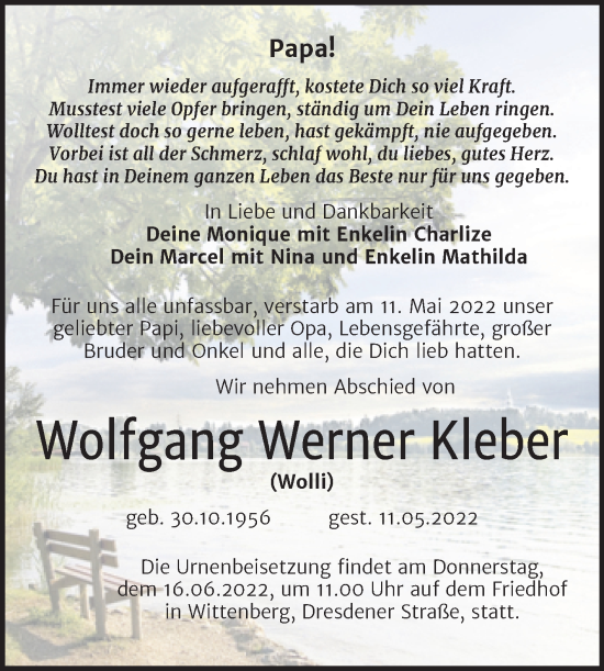 Traueranzeige von Wolfgang Werner Kleber von Trauerkombi Wittenberg