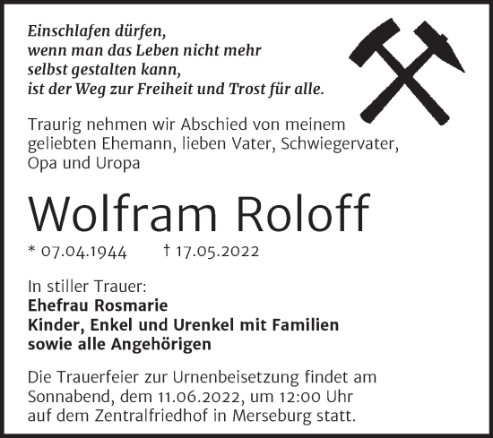 Traueranzeige von Wolfram Roloff von Trauerkombi Merseburg