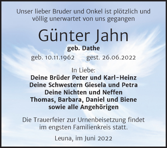 Traueranzeige von Günter Jahn von Trauerkombi Merseburg