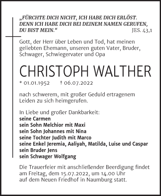 Traueranzeige von Christoph Walther von Naumburger Tageblatt