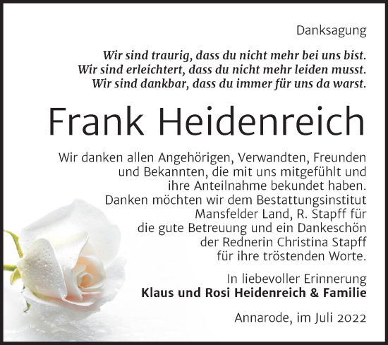 Traueranzeige von Frank Heidenreich von Trauerkombi Mansfelder Land