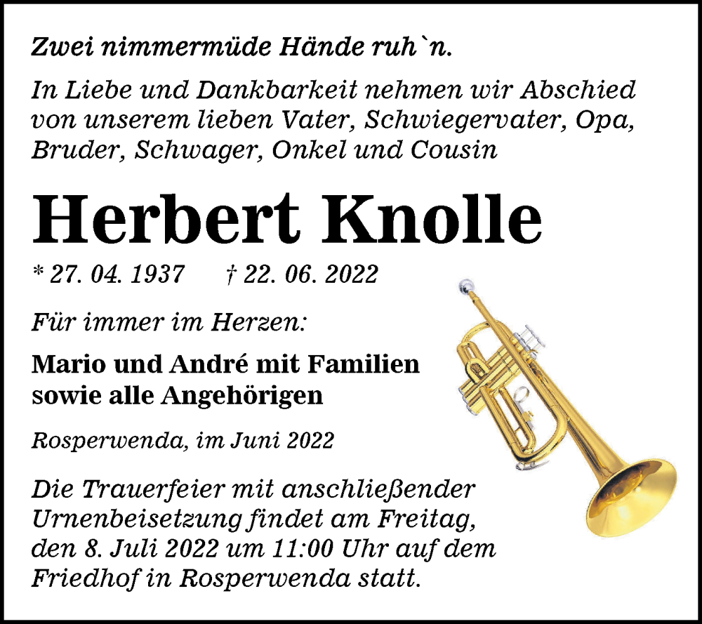  Traueranzeige für Herbert Knolle vom 02.07.2022 aus Trauerkombi Sangerhausen