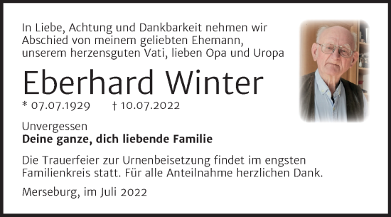 Traueranzeige von Eberhard Winter von Trauerkombi Merseburg