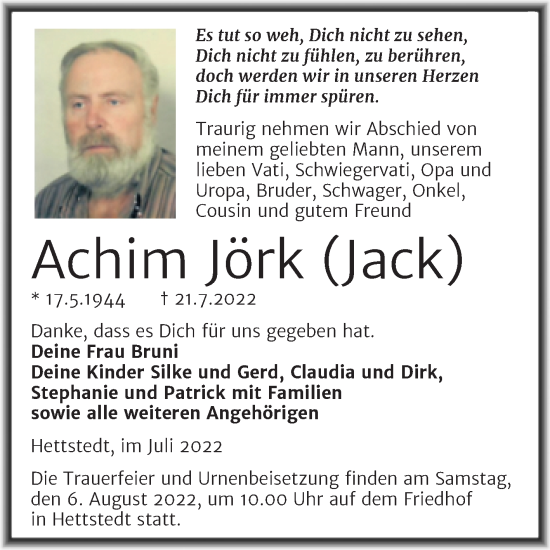 Traueranzeige von Achim Jörk von Trauerkombi Mansfelder Land
