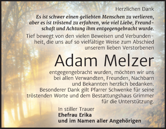 Traueranzeige von Adam Melzer von Trauerkombi Mansfelder Land