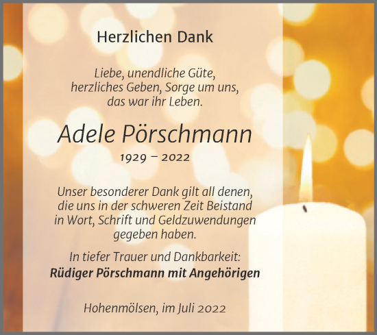 Traueranzeige von Adele Pörschrnann von Trauerkombi Weißenfels