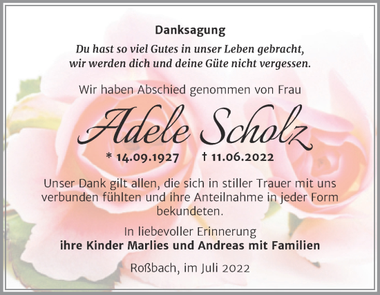 Traueranzeige von Adele Scholz von Trauerkombi Merseburg