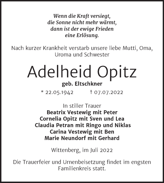 Traueranzeige von Adelheid Opitz von Trauerkombi Wittenberg