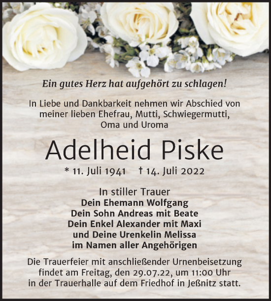 Traueranzeige von Adelheid Piske von Trauerkombi Bitterfeld