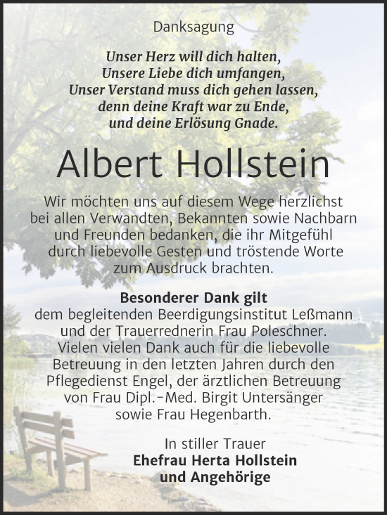 Traueranzeige von Albert Hollstein von Trauerkombi Wittenberg