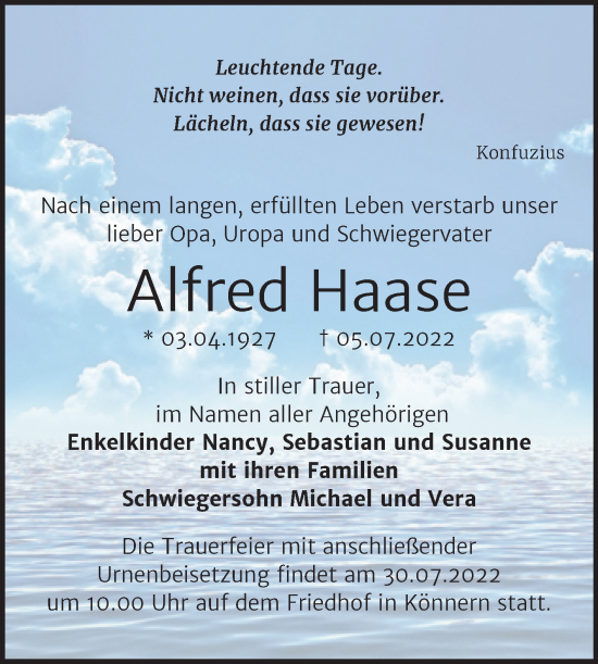 Traueranzeige von Alfred Haase von Trauerkombi Bernburg