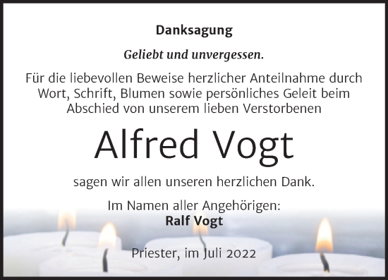 Traueranzeige von Alfred Vogt von Mitteldeutsche Zeitung Halle/Saalkreis