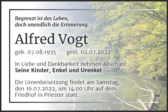 Traueranzeige von Alfred Vogt von Mitteldeutsche Zeitung Halle/Saalkreis