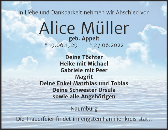 Traueranzeige von Alice Müller von Wochenspiegel Naumburg/Nebra