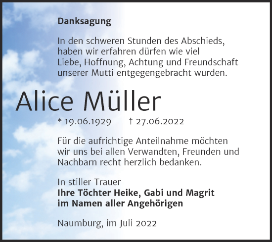 Traueranzeige von Alice Müller von Wochenspiegel Naumburg/Nebra