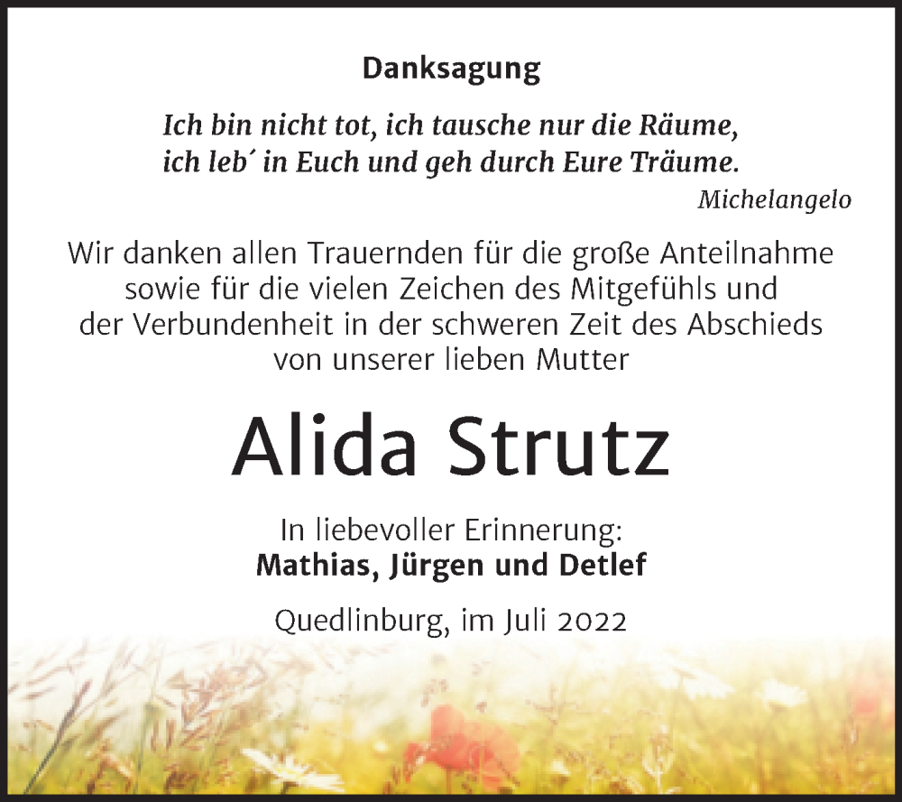  Traueranzeige für Alida Strutz vom 16.07.2022 aus Trauerkombi Quedlinburg