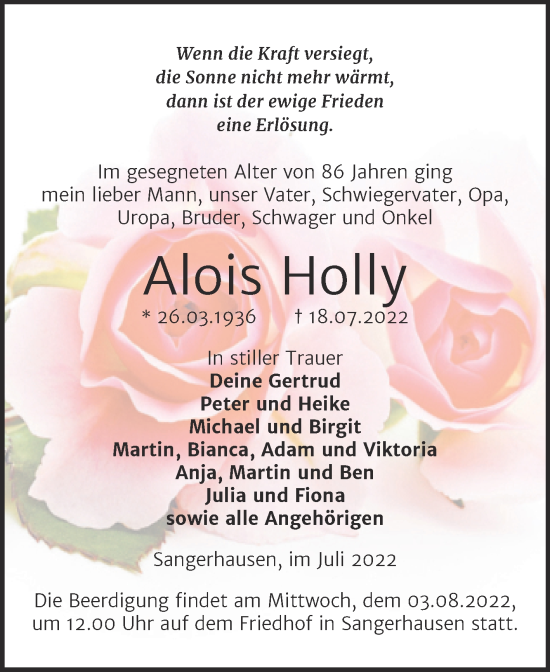 Traueranzeige von Alois Holly von Trauerkombi Sangerhausen
