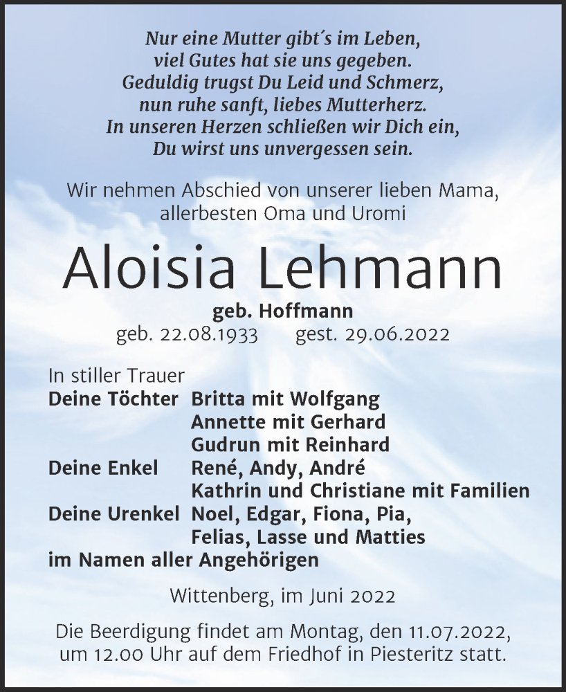  Traueranzeige für Aloisia Lehmann vom 02.07.2022 aus Trauerkombi Wittenberg