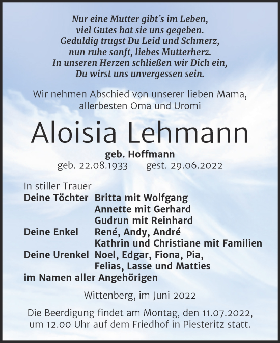 Traueranzeige von Aloisia Lehmann von Trauerkombi Wittenberg