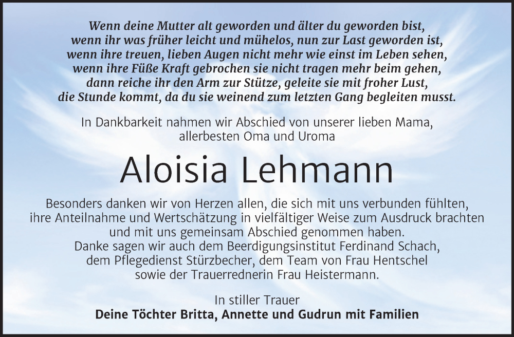  Traueranzeige für Aloisia Lehmann vom 16.07.2022 aus Trauerkombi Wittenberg