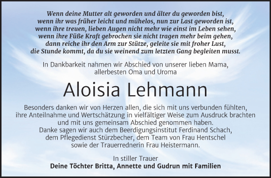 Traueranzeige von Aloisia Lehmann von Trauerkombi Wittenberg