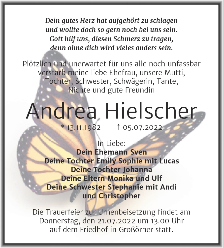  Traueranzeige für Andrea Hielscher vom 09.07.2022 aus Trauerkombi Mansfelder Land