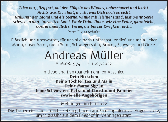 Traueranzeige von Andreas Müller von Trauerkombi Aschersleben