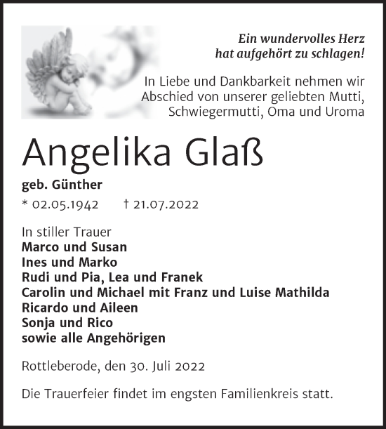 Traueranzeige von Angelika Glaß von Mitteldeutsche Zeitung Sangerhausen