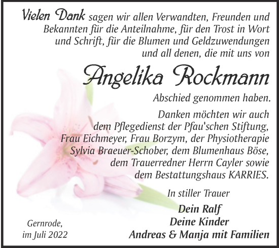 Traueranzeige von Angelika Rockmann von Trauerkombi Quedlinburg