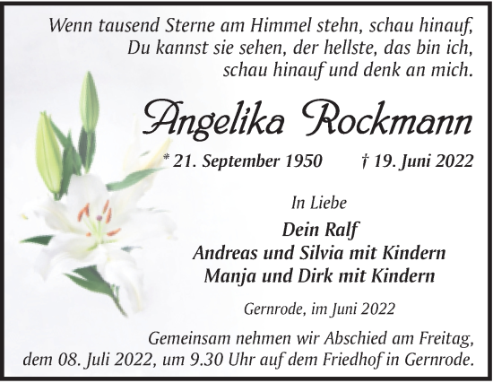 Traueranzeige von Angelika Rockmann von Trauerkombi Quedlinburg
