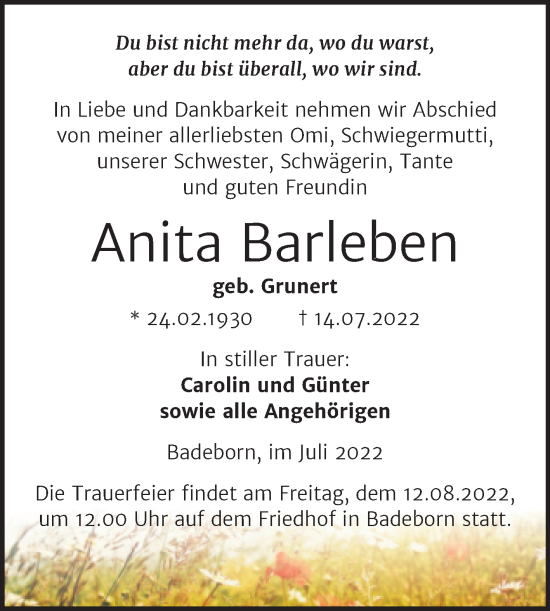 Traueranzeige von Anita Barleben von Trauerkombi Quedlinburg