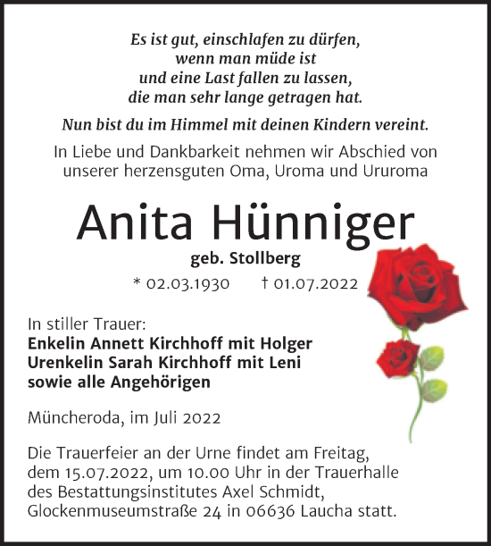 Traueranzeige von Anita Hünniger von Naumburger Tageblatt