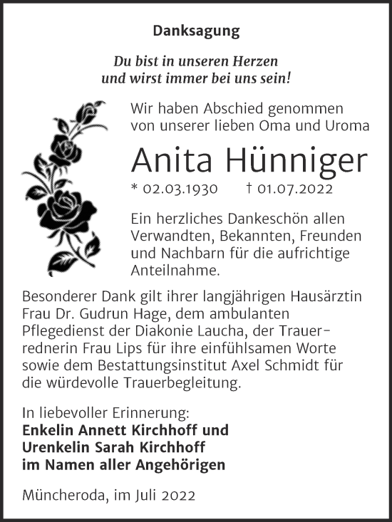 Traueranzeige von Anita Hünniger von Wochenspiegel Naumburg/Nebra