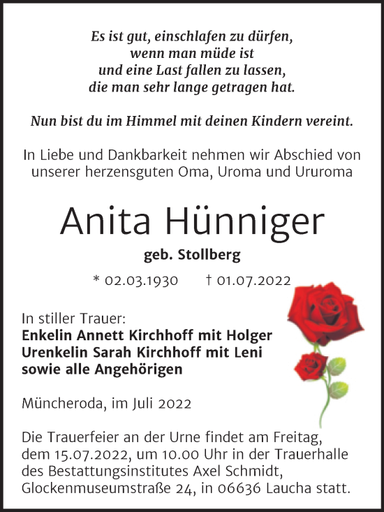 Traueranzeige von Anita Hünniger von Wochenspiegel Naumburg/Nebra