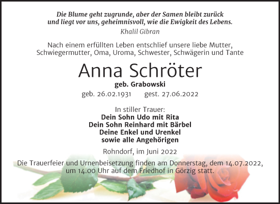 Traueranzeige von Anna Schröter von Trauerkombi Köthen